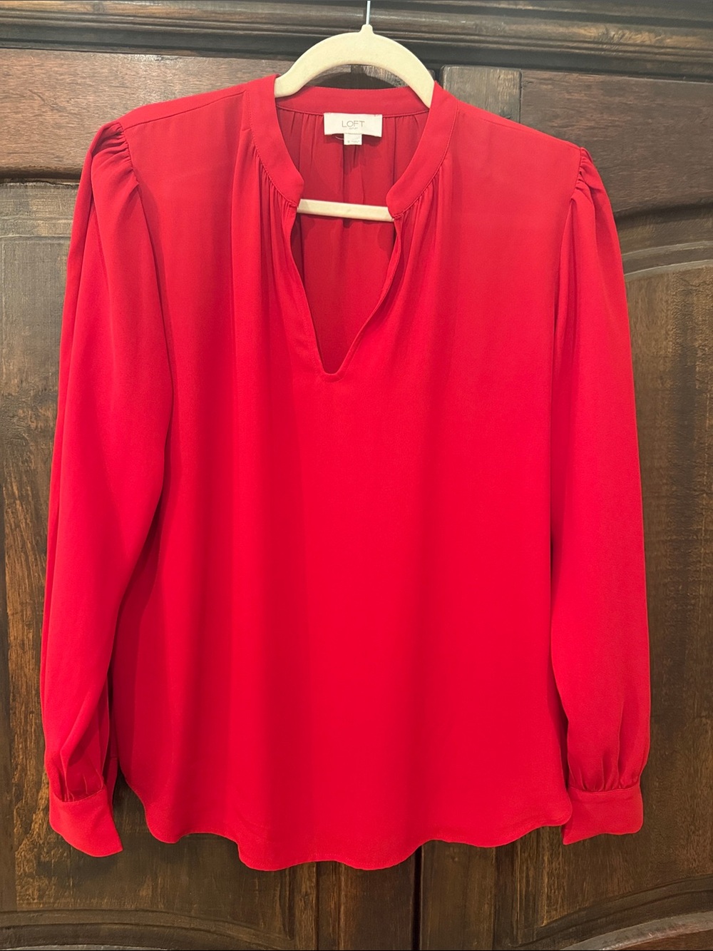 LOFT Bright Red Notch-Neck Long Sleeve Blouse